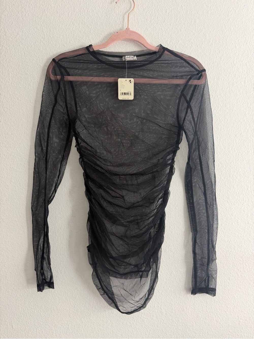 Free People Black Sheer Ruched Long Sleeve Mesh Top